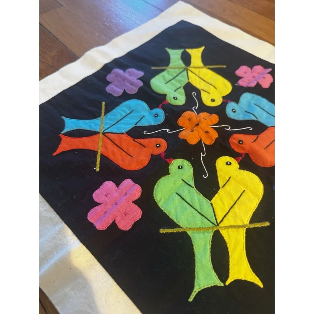 Vintage Embroidered Colorful Birds Wall Hanging Tapestry 16x16‎ India Made 70s